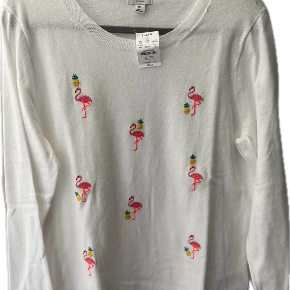 J. Crew White Sweater with Pink Flamingos